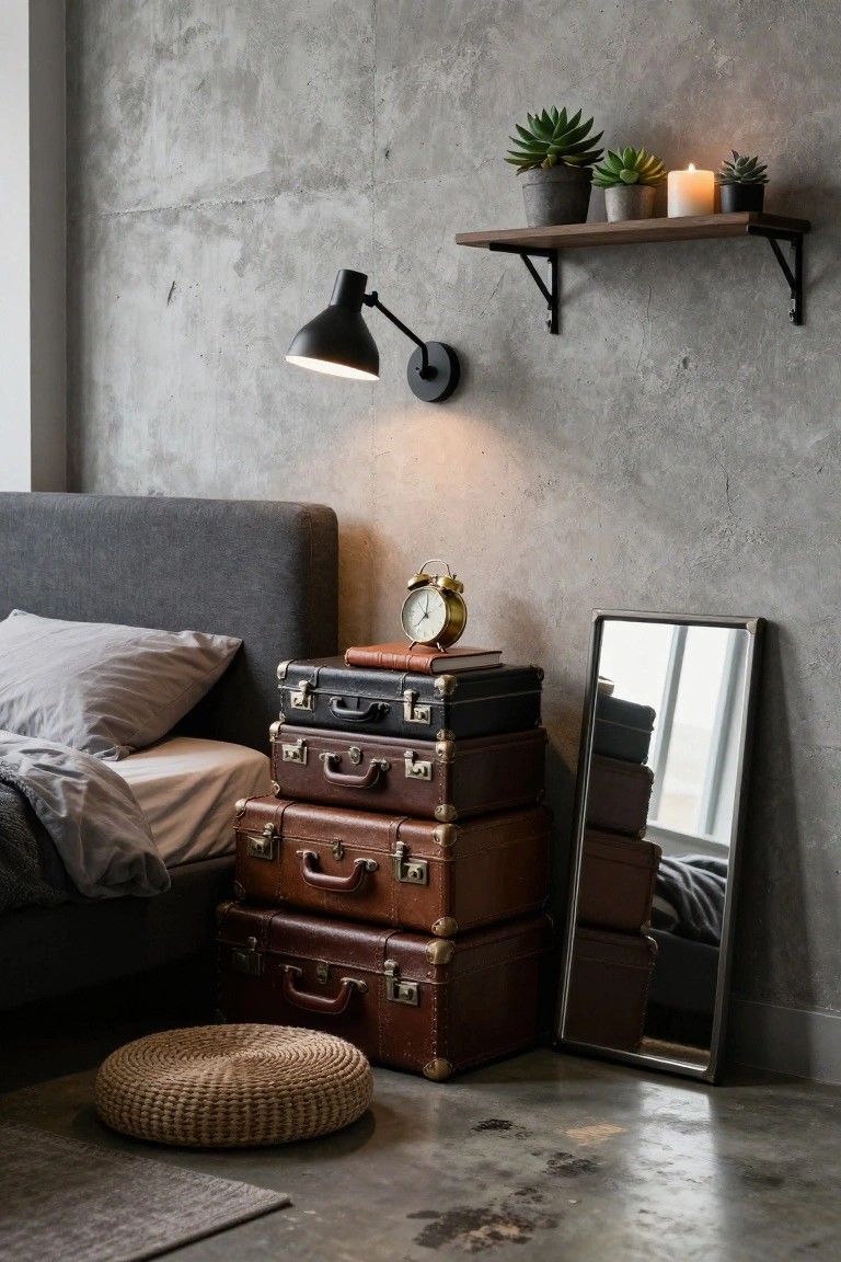 A bedroom corner shows a gray upholstered bed next to a stack of three vintage suitcases used as a bedside table, with an alarm clock and book on top, a black wall-mounted lamp above, a woven pouf on the floor, and a tall mirror leaning against the concrete wall.