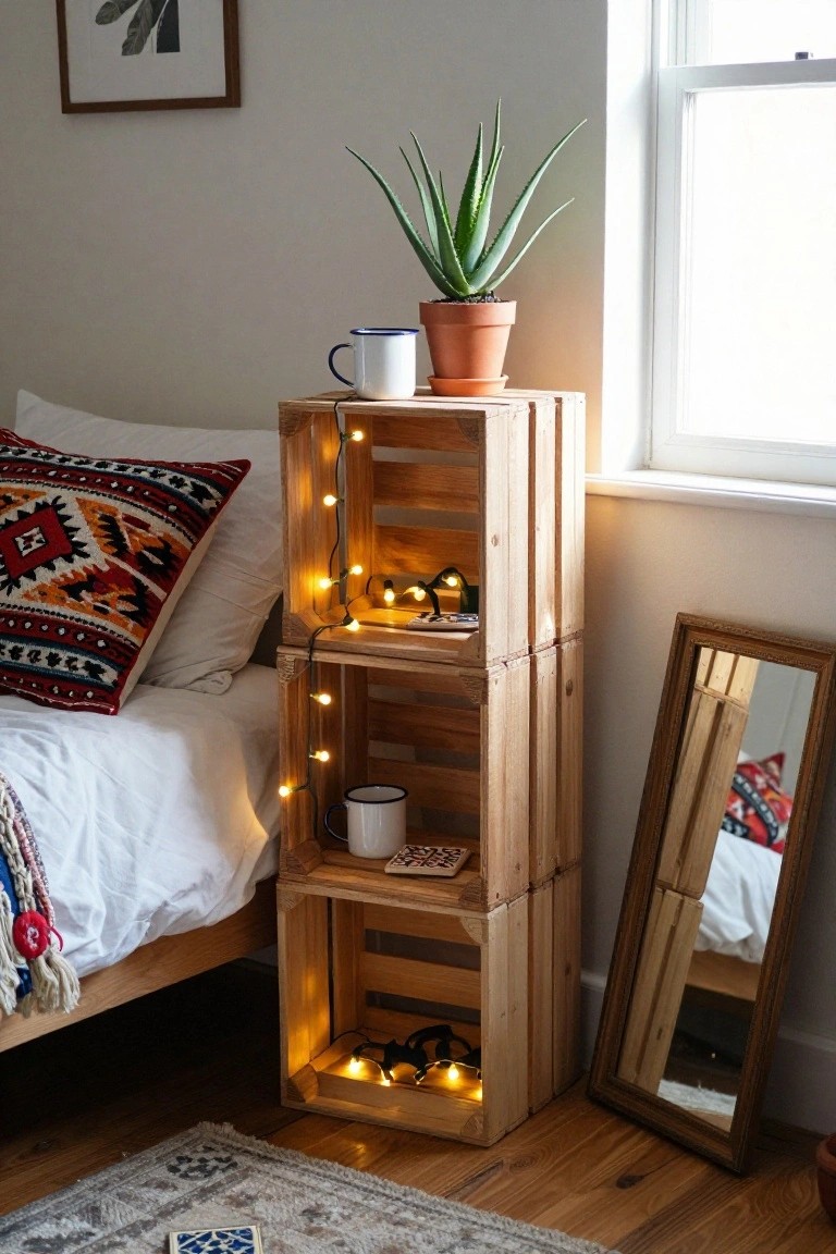 Wooden crates stacked beside a bed to form a nightstand, with string lights inside and a potted plant on top.