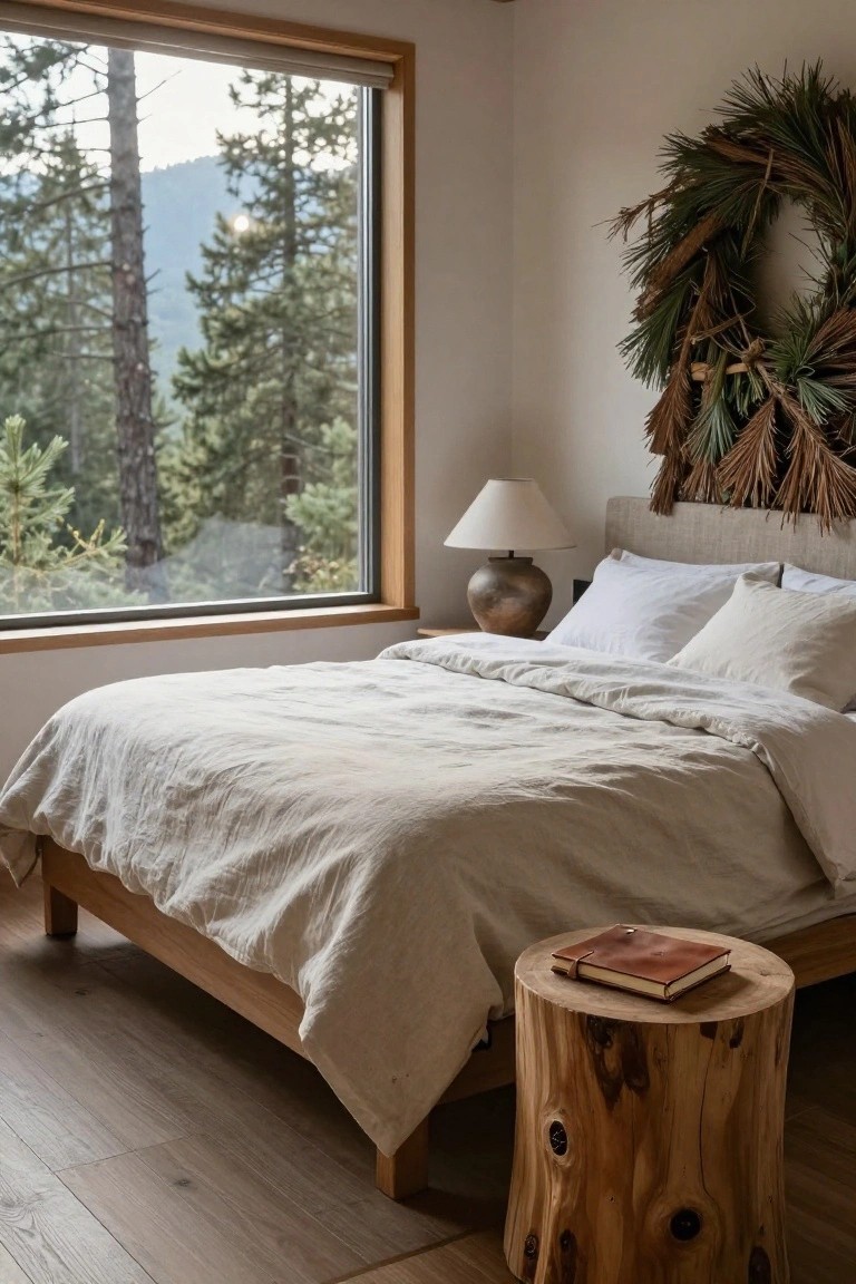 A bedroom interior showing a wooden bed with white linens and a tree stump used as a bedside table holding a notebook.