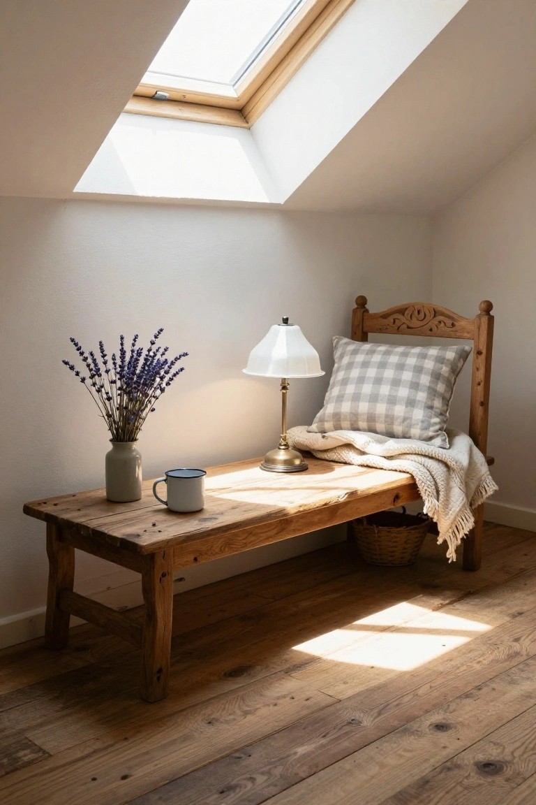 A rustic wooden bench placed under a skylight holds a table lamp, a vase of lavender, and a mug, with a checkered pillow and folded blanket at one end.