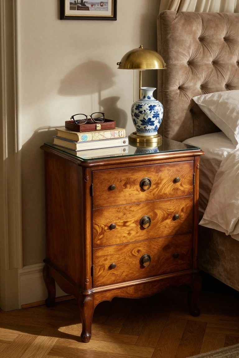 Wooden nightstand with three drawers, blue floral vase, lamp, and books beside a bed.