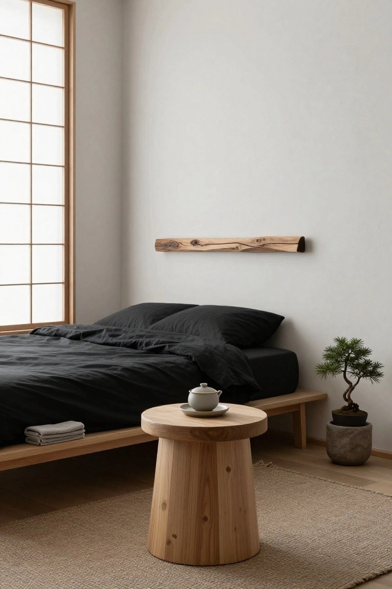 Minimalist Japanese bedroom with low wooden bed, round table, and bonsai.