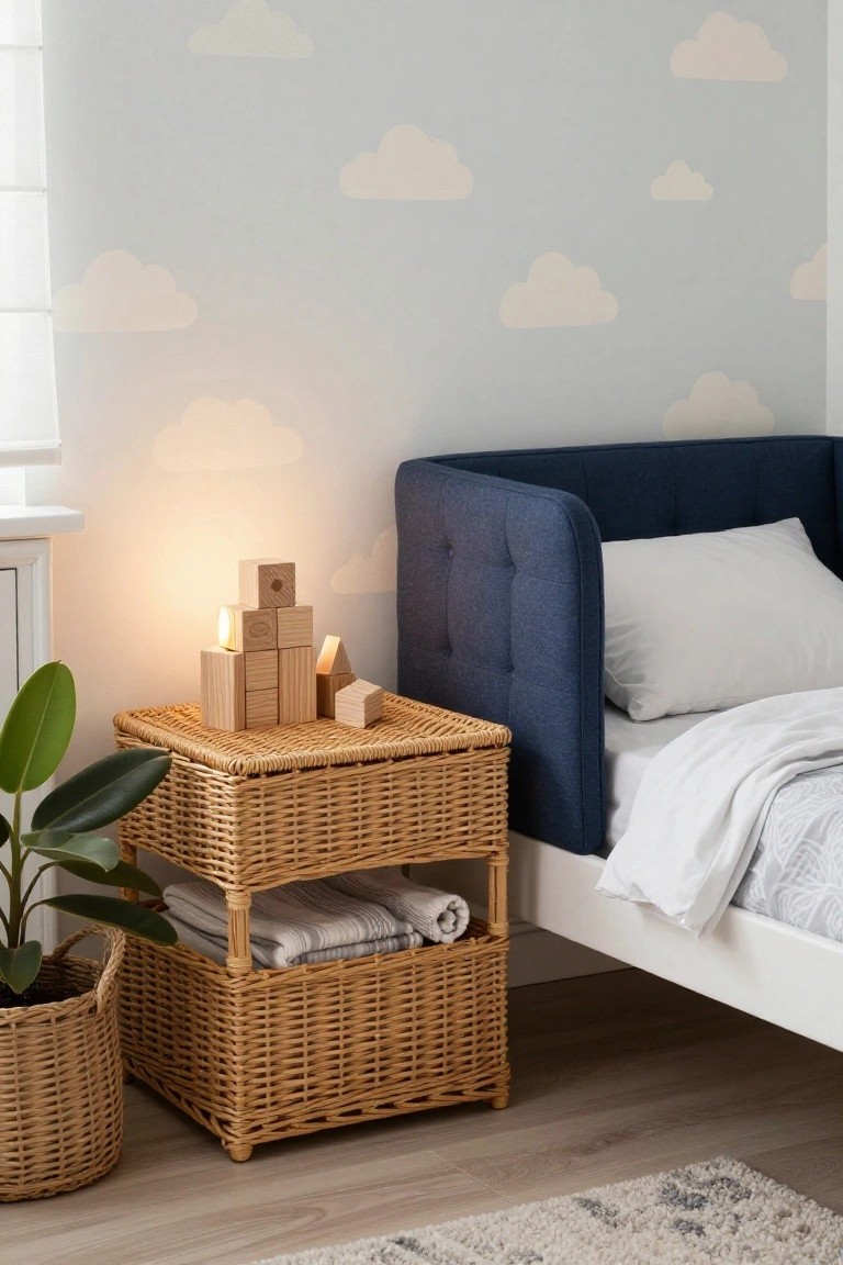 A bedroom corner with two stacked wicker baskets used as a bedside table next to a bed with a blue upholstered headboard, holding wooden blocks on top and folded linens in the lower basket.