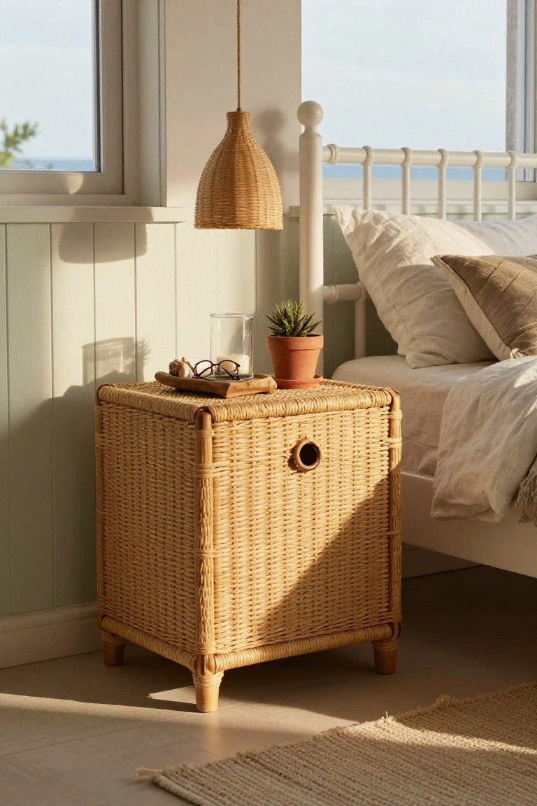 A woven rattan basket nightstand beside a bed with white linens, topped with a small tray, candle, and potted plant, under a hanging wicker pendant light.