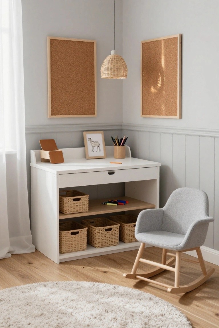 Children's white desk, gray rocking chair, corkboards, and woven baskets in a bright room.