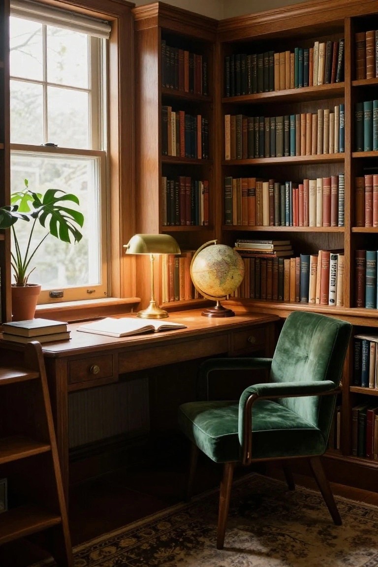 Cozy wooden study with green velvet chair, globe, and sunlit window.