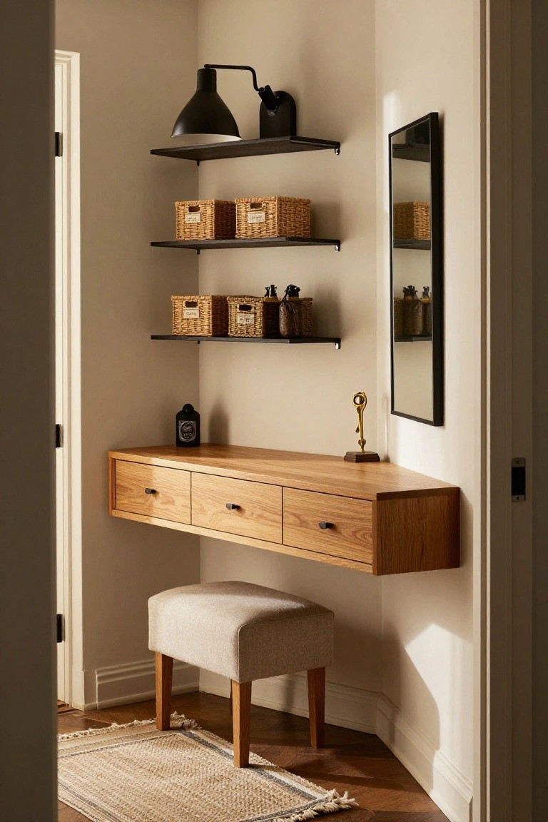 A light wood floating desk with three drawers installed in a room corner beneath two black shelves holding woven baskets and a black wall lamp.