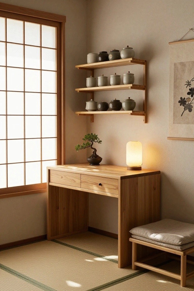 A light wood corner desk sits beneath three tiers of floating wooden shelves holding ceramic jars, with a small bonsai and lit lamp on the desk surface in a room with tatami mats and a shoji screen.
