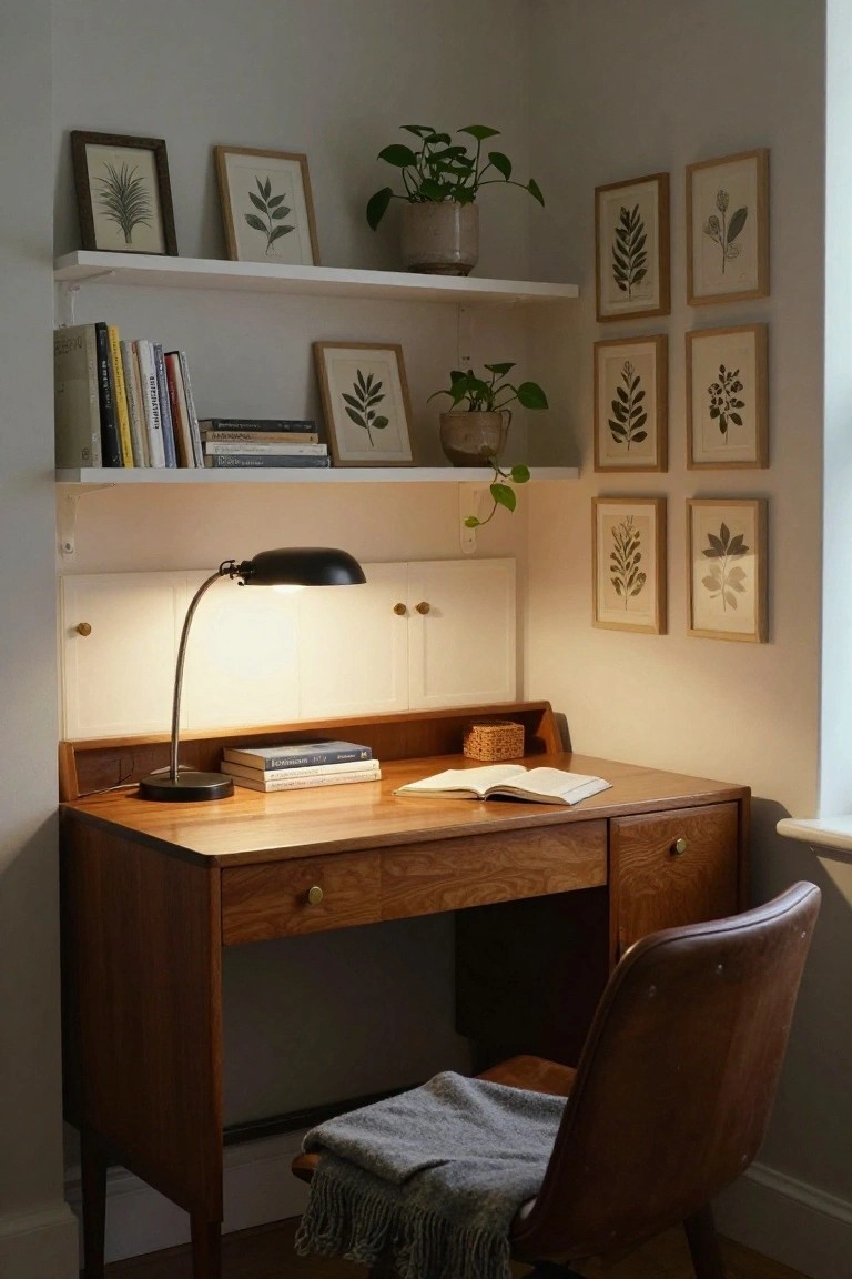 Cozy wooden desk with books, lamp, and framed botanical prints.