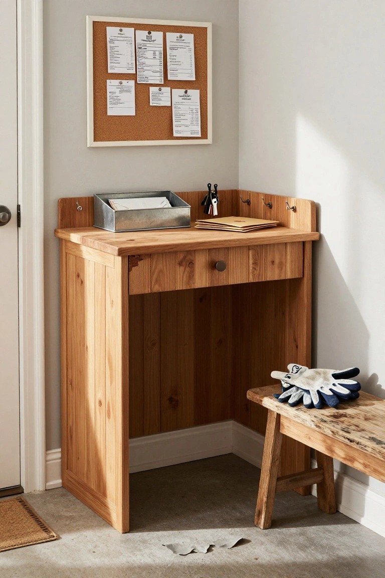 Wooden corner desk with corkboard, mail tray, keys, gloves, and bench.