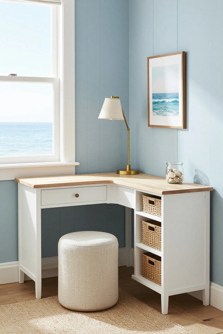 Coastal corner desk with lamp, baskets, and ocean-view window.