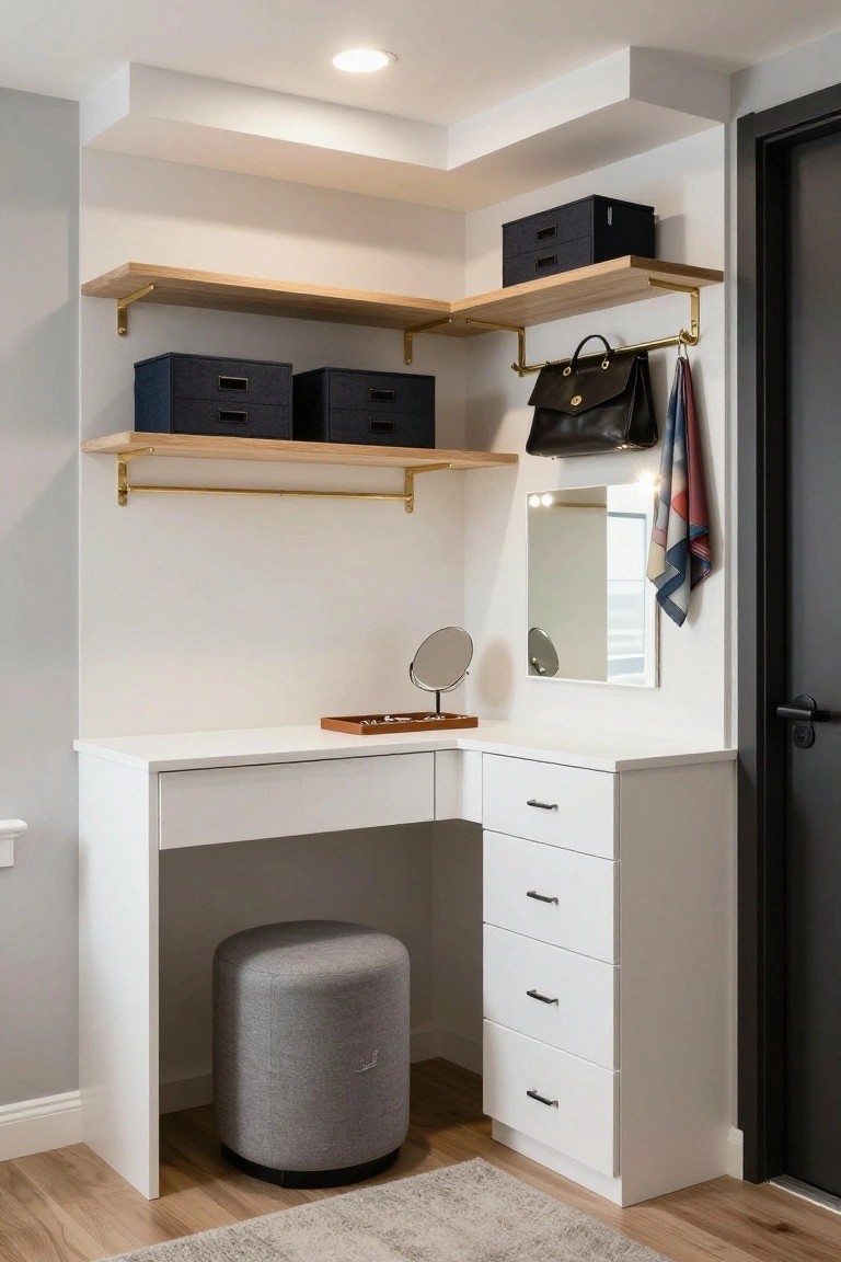 Modern corner vanity desk with shelves, drawers, mirror, and gray stool.