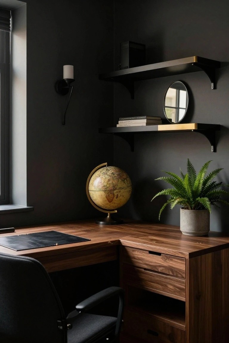 A dark home office corner featuring a wooden L-shaped desk with drawers, floating black and gold shelves holding books above it, a globe on the desk, and a potted fern to the side.