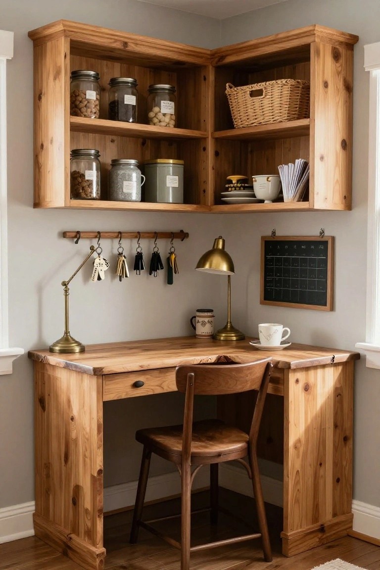 A wooden corner desk with overhead shelves holding glass jars and a basket, plus brass lamps, a chair, and wall hooks with keys in a home office.