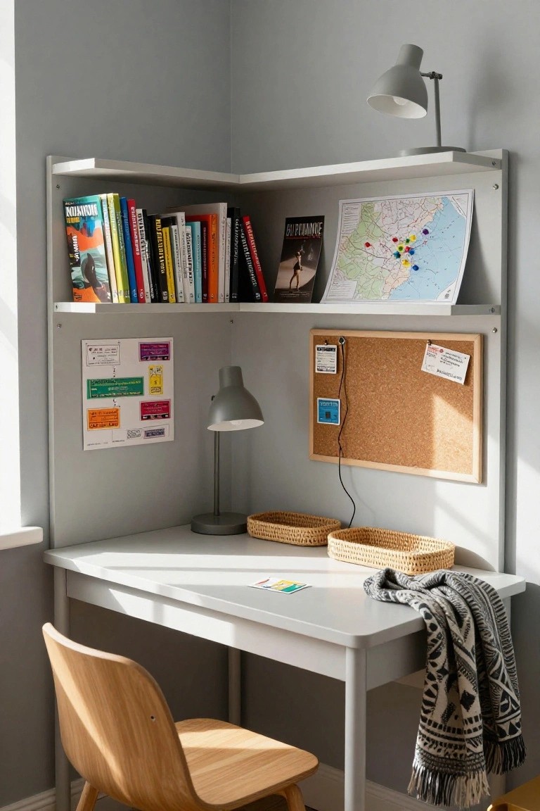 Modern corner desk with bookshelves, corkboard, map, and wooden chair.