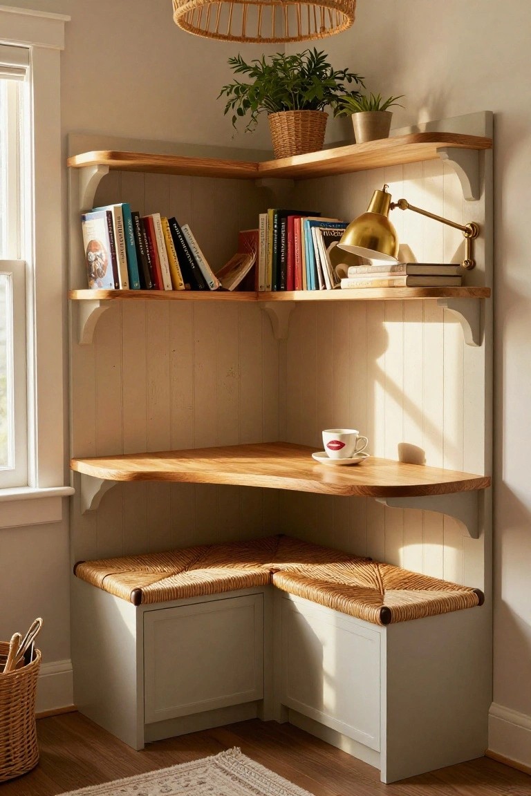 A light wood corner desk with upper floating shelves holding books and a brass lamp, plus two woven cushion benches below for seating and storage.