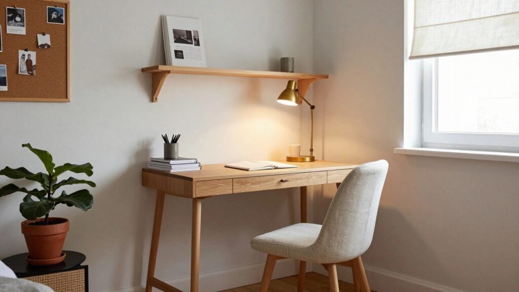 23 Creative Corner Desk With Shelves Ideas That Simplify Storage A light wood corner desk with two floating wooden shelves above it, a wall-mounted lamp, a fabric chair, and a potted plant in a bright room with a window.