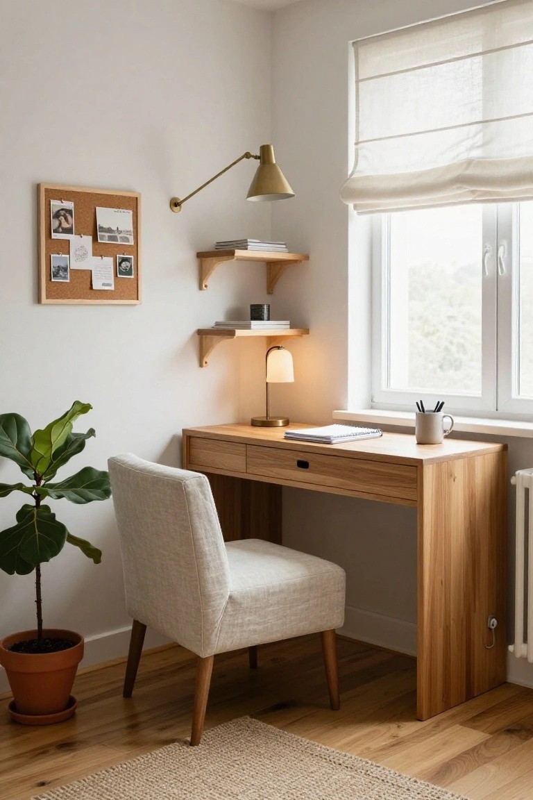 A light wood corner desk with two floating wooden shelves above it, a wall-mounted lamp, a fabric chair, and a potted plant in a bright room with a window.