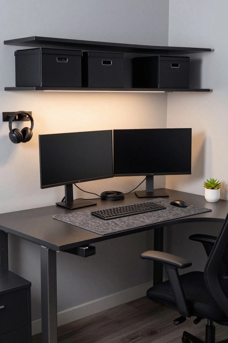 Modern black L-shaped desk with dual monitors, keyboard, and wall shelf.
