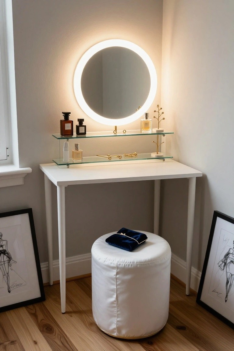 A white vanity table with round illuminated mirror, perfume bottles, and stool.