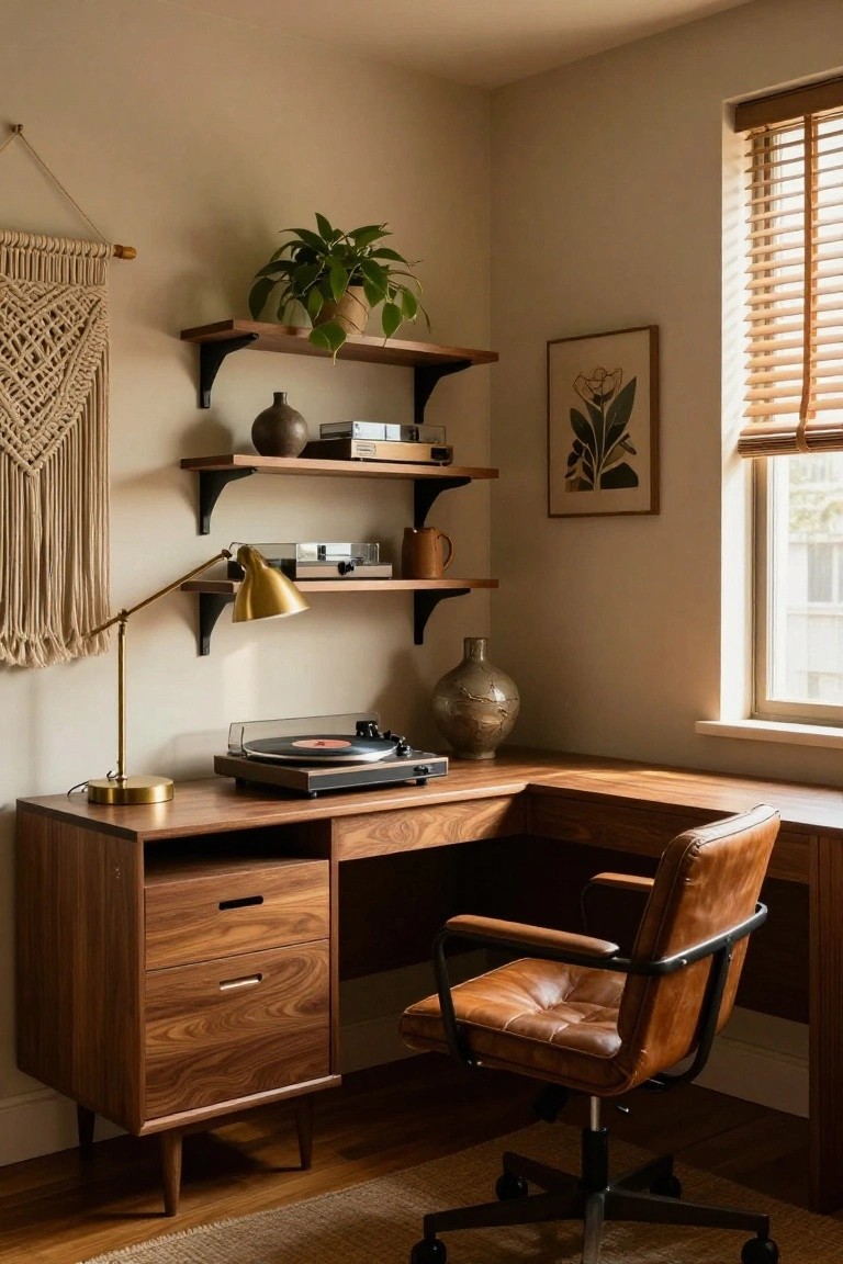 A wooden corner desk with three floating shelves above it, a record player on the desk surface, and a brown leather office chair in front of the desk.