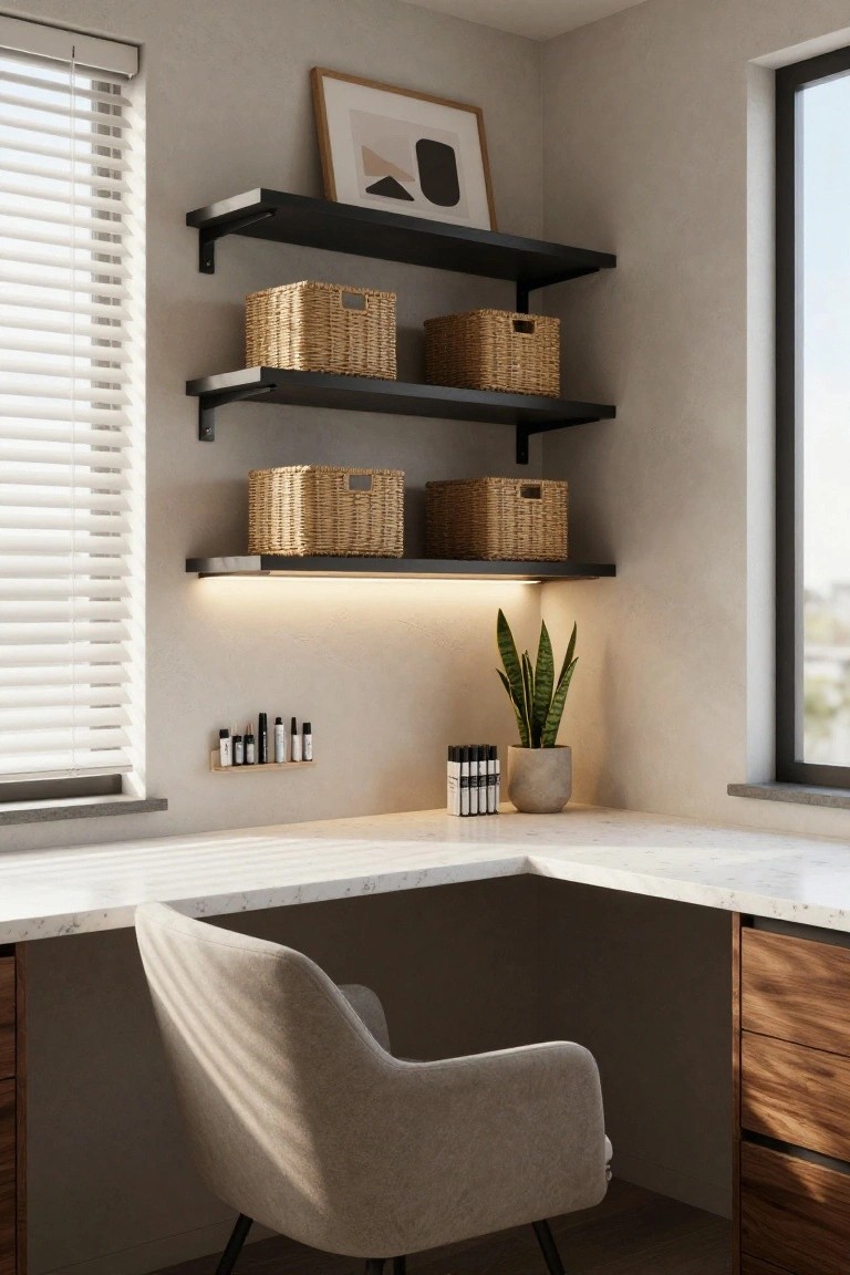 A corner desk with white countertop, floating black shelves holding four woven baskets, a beige upholstered chair, and small potted plants on the desk surface.