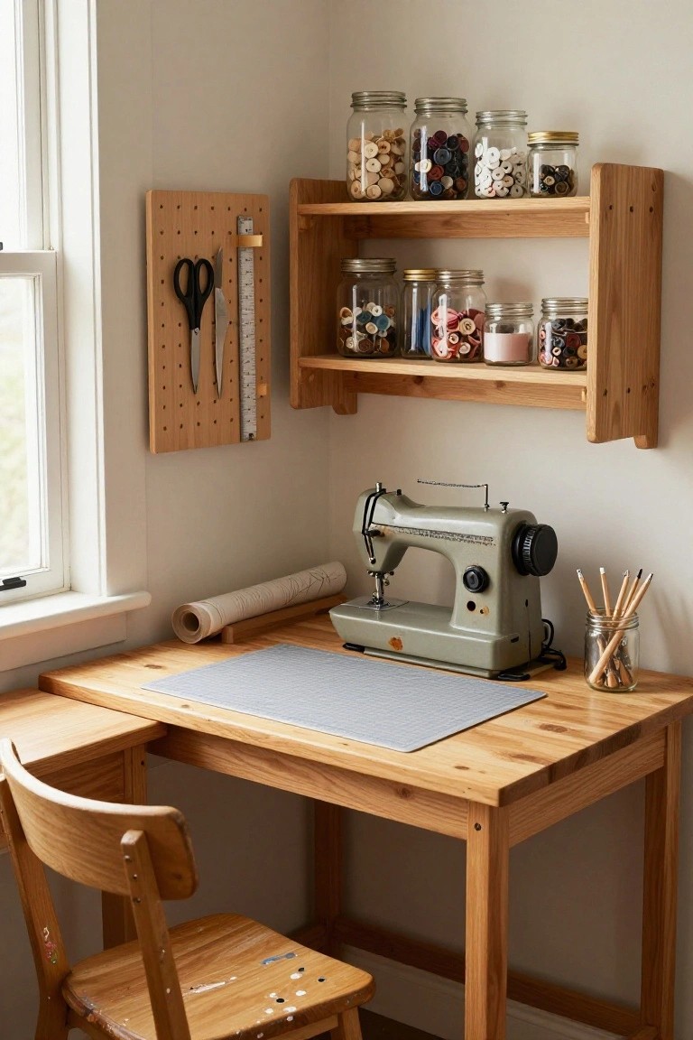 Vintage sewing machine on wooden desk with jars of buttons and craft supplies.