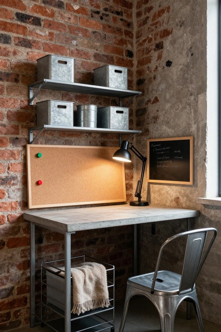 Industrial loft desk with metal shelves, corkboard, lamp, and chair.