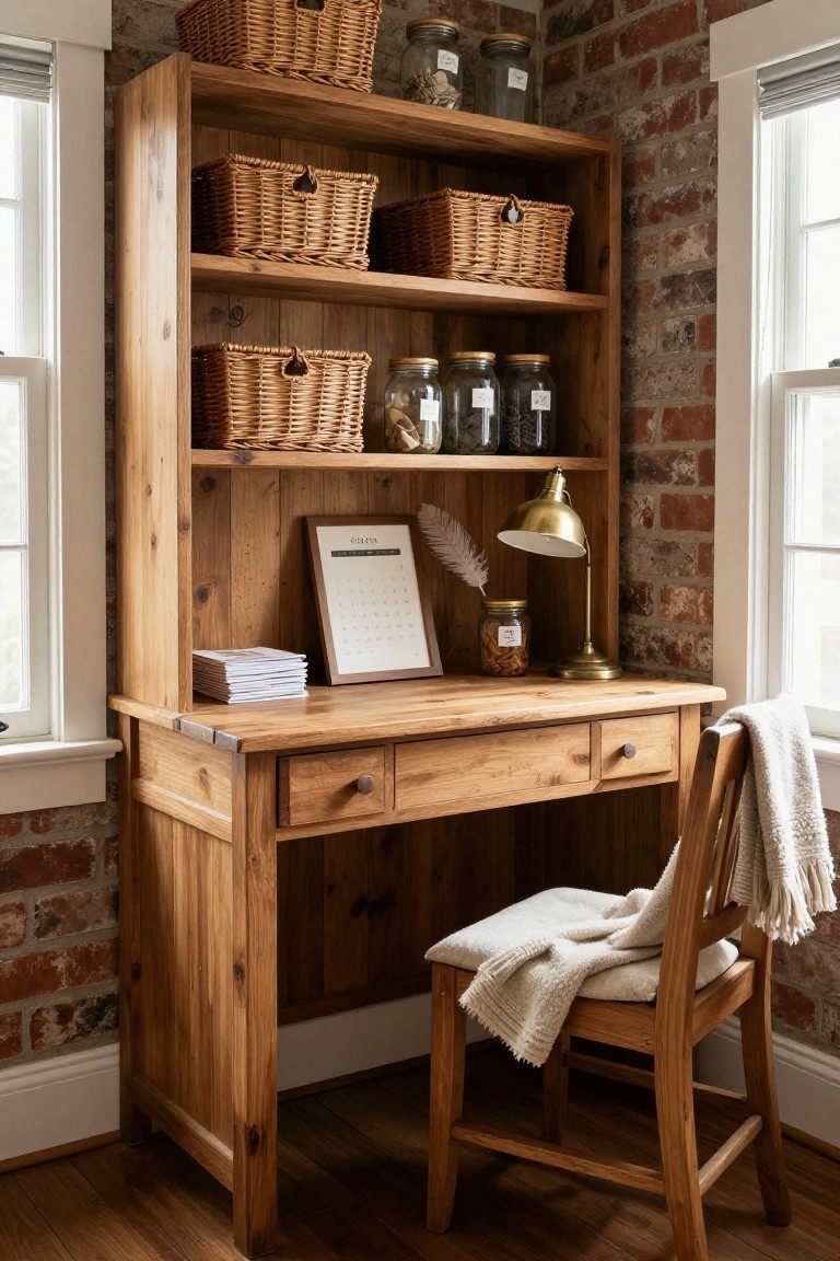 A rustic wooden corner desk with upper shelves holding wicker baskets and glass jars, set against a brick wall beside a window with a wooden chair draped in a blanket.