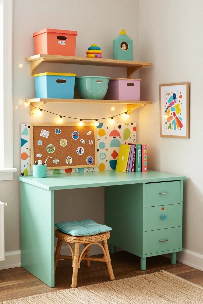 A mint green corner desk with open wooden shelves holding colorful storage bins, a corkboard below the shelves, and a small wicker stool in front.