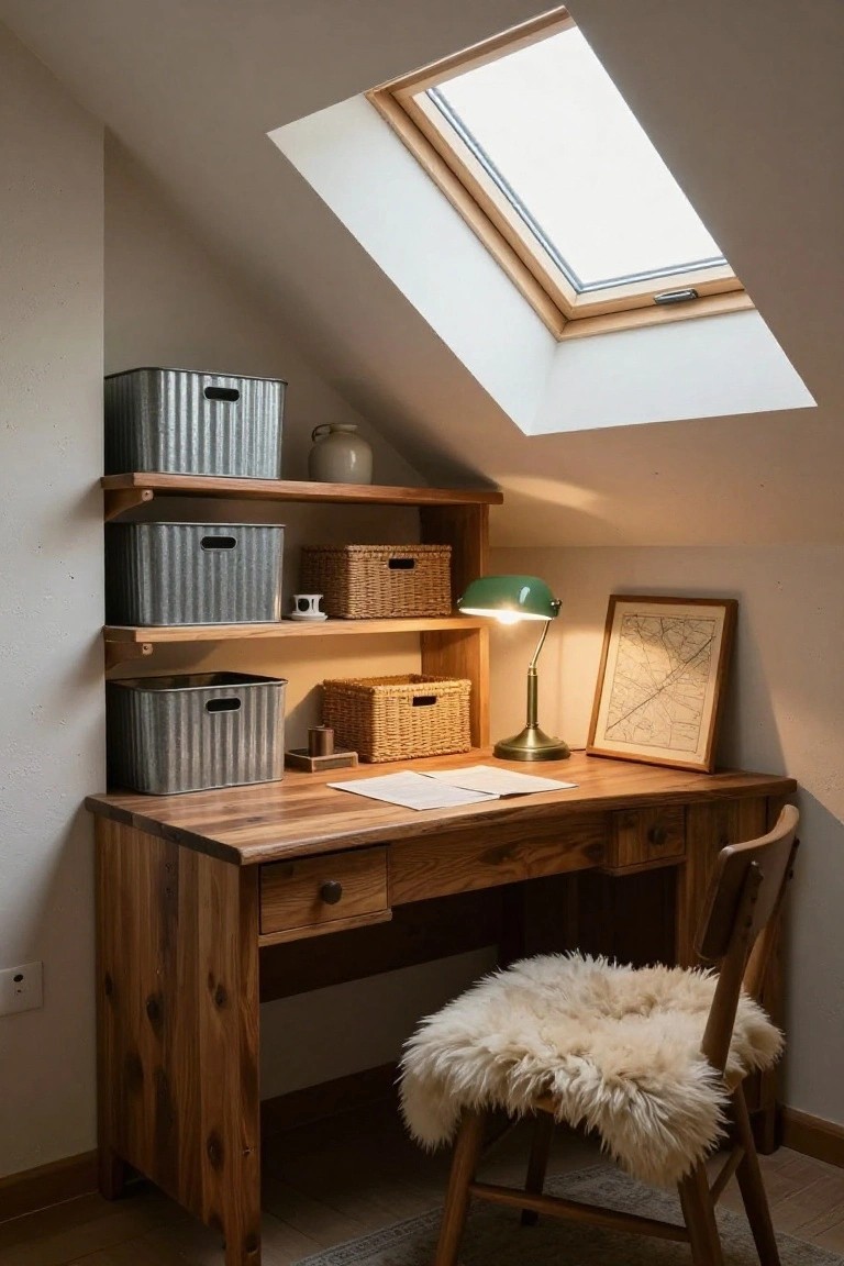 A wooden desk with overhead shelves holding metal bins and wicker baskets, a green lamp, papers, and a wooden chair with a sheepskin cover under a skylight.