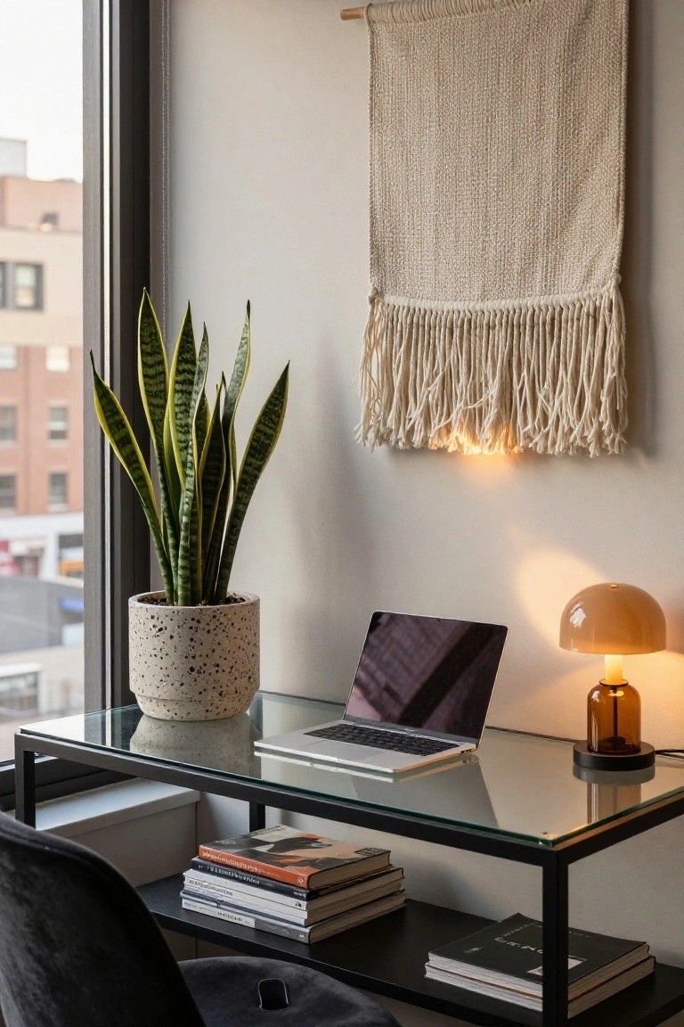 Minimalist workspace with laptop, snake plant, books, and warm lamp light.