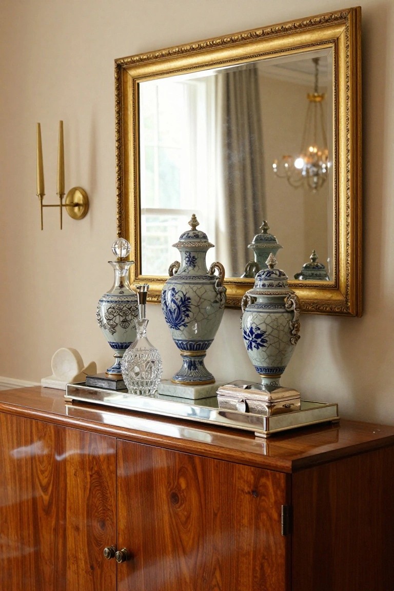 Decorative blue-and-white vases and glass decanters on a wooden sideboard.