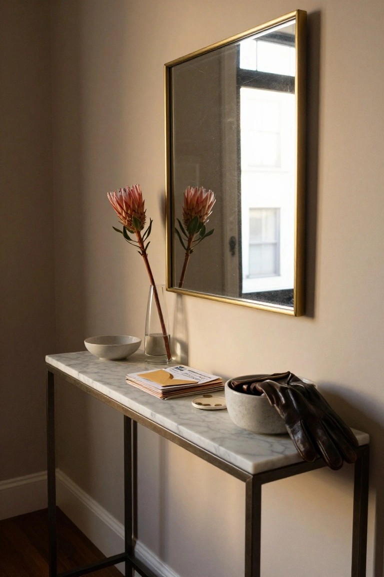 Marble console table with flowers, mirror, gloves, and mail.