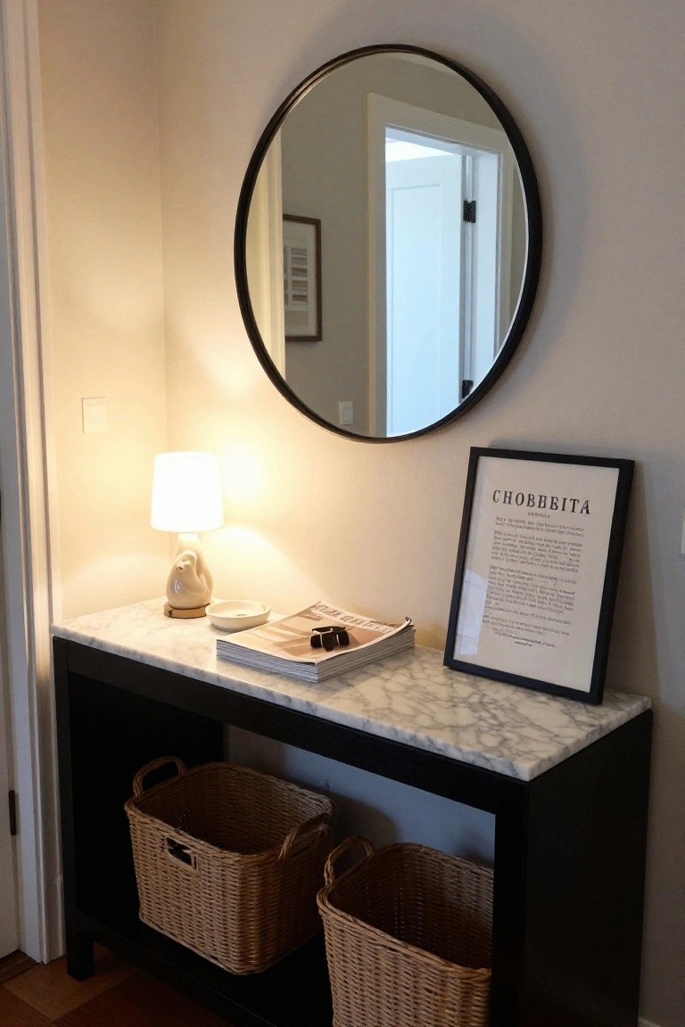 Black console table with marble top, round mirror, lamp, baskets, and framed print.