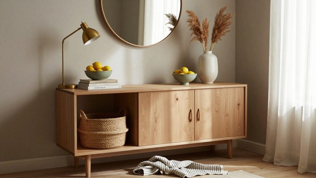 21 Curated Sideboard Decor Ideas That Look Professionally Styled A light wood sideboard with open shelves holding stacks of books and a woven basket, topped with a white vase, green bowl, and brass lamp, and a round mirror hanging above.