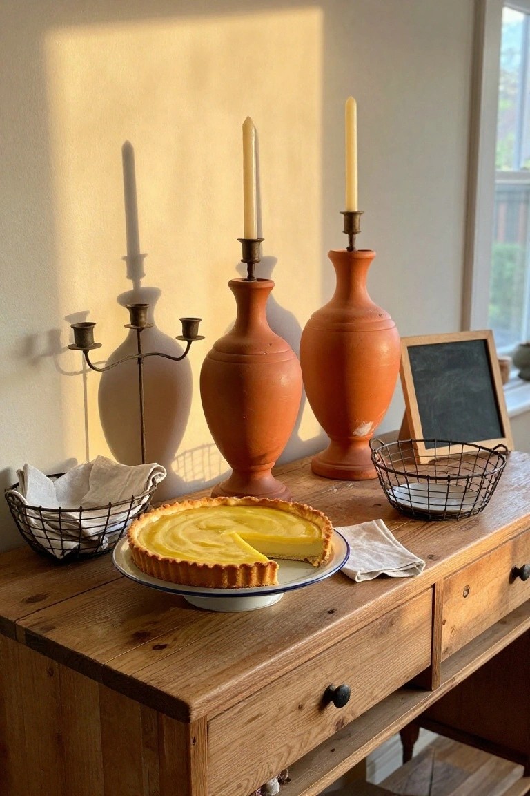 Lemon tart on wooden table with terracotta candle holders and wire baskets.
