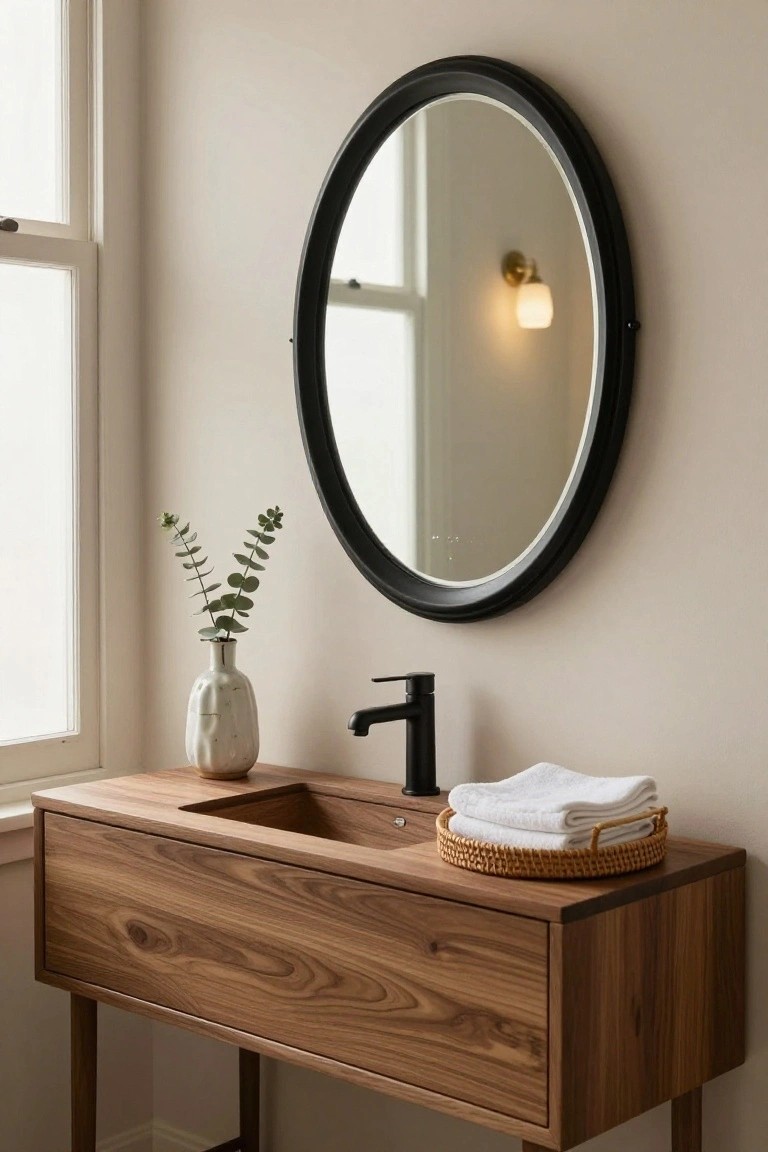A wooden floating bathroom vanity with an integrated sink, black faucet, round black mirror above it, white vase holding eucalyptus stems, and a woven basket with folded white towels.