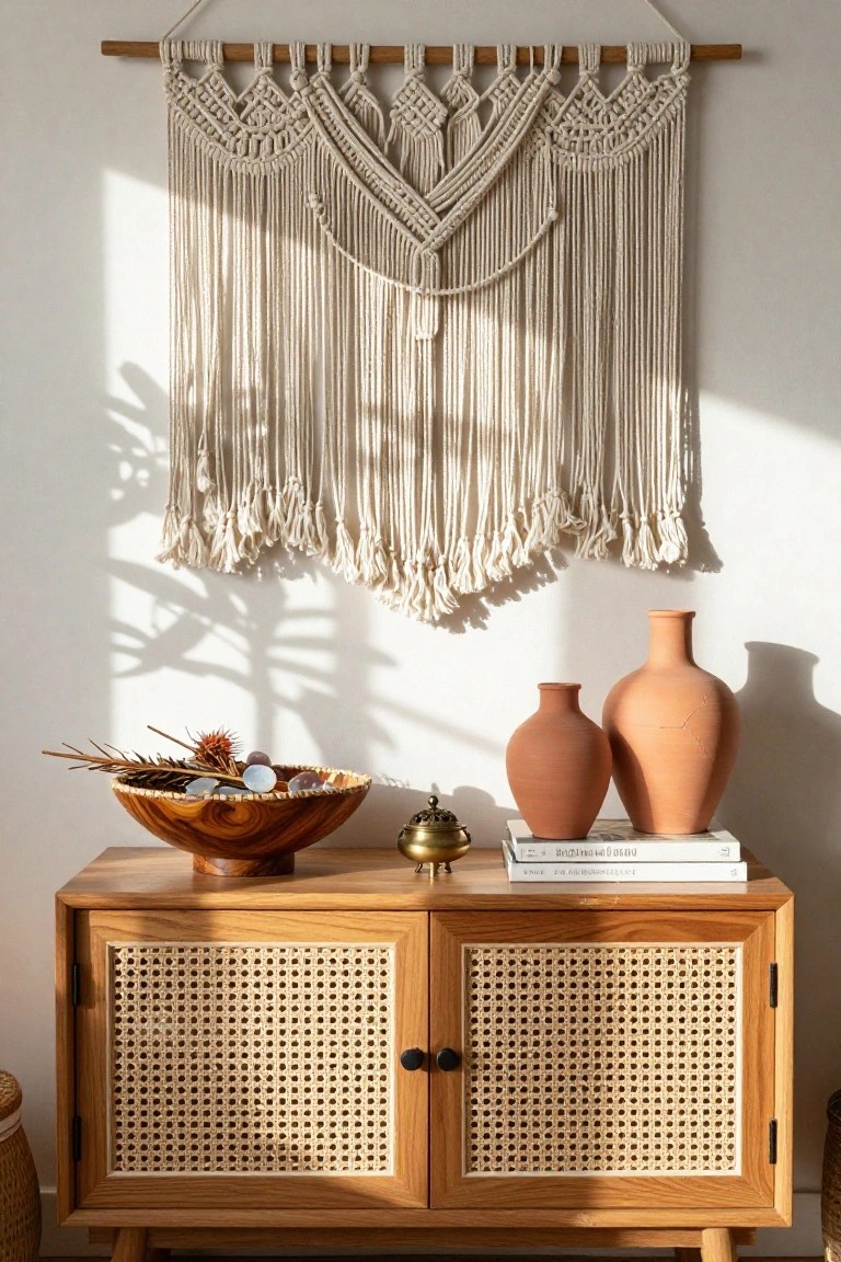 A wooden sideboard with cane doors displays a carved bowl, small brass container, stacked books topped with two terracotta vases, and a large macrame hanging above it on a white wall.