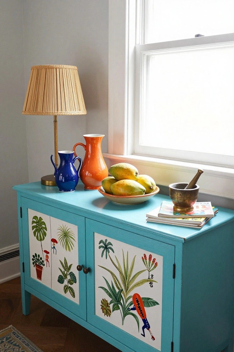 A turquoise sideboard with illustrated doors holds a lamp, blue and orange ceramic pitchers, a bowl of mangoes, a mortar and pestle, and stacked magazines beneath a window.