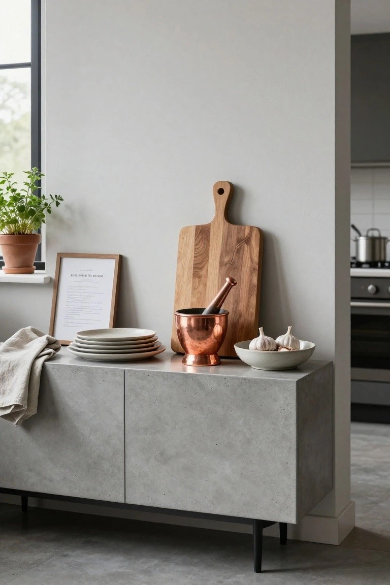 A gray concrete sideboard holds stacked plates, a copper mortar and pestle, a leaning wooden cutting board, and a bowl of garlic next to a framed print and potted plant.
