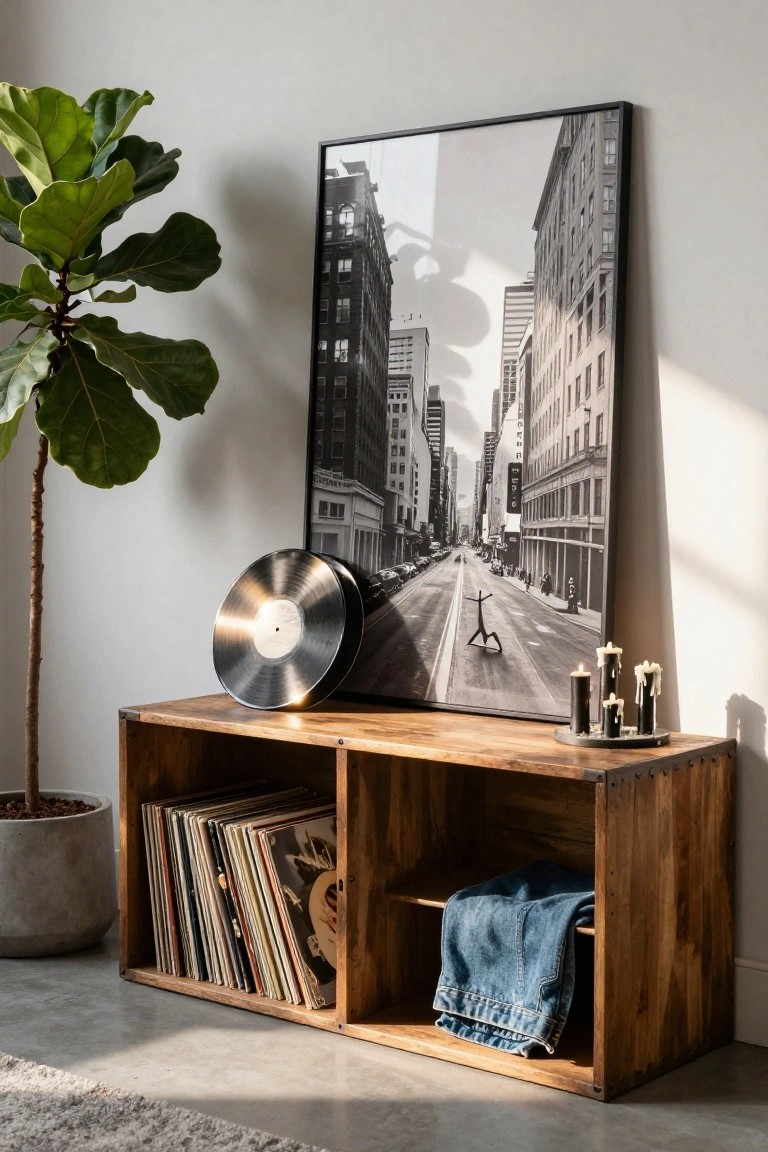 Wooden console with vinyl records, leaning album art, candles, and cityscape print.