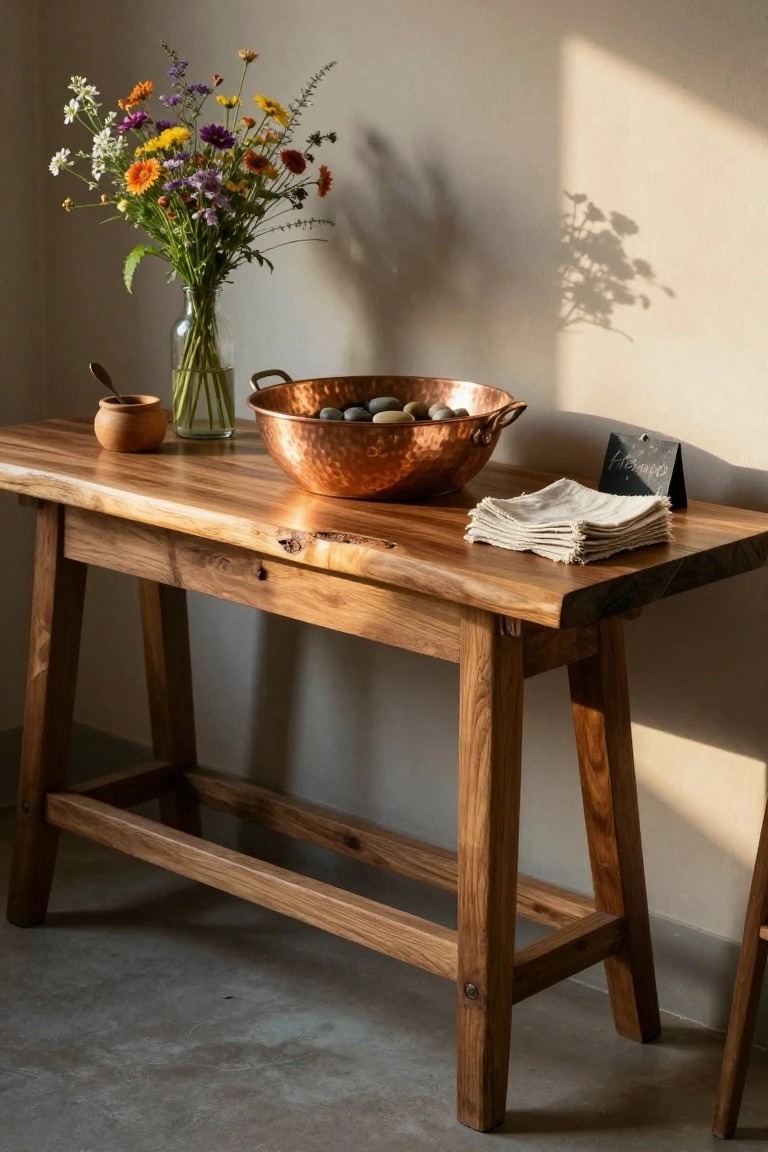 A rustic wooden console table displays a glass vase of colorful wildflowers, a hammered copper bowl filled with stones, folded linen napkins, and a small wooden container against a plain wall.