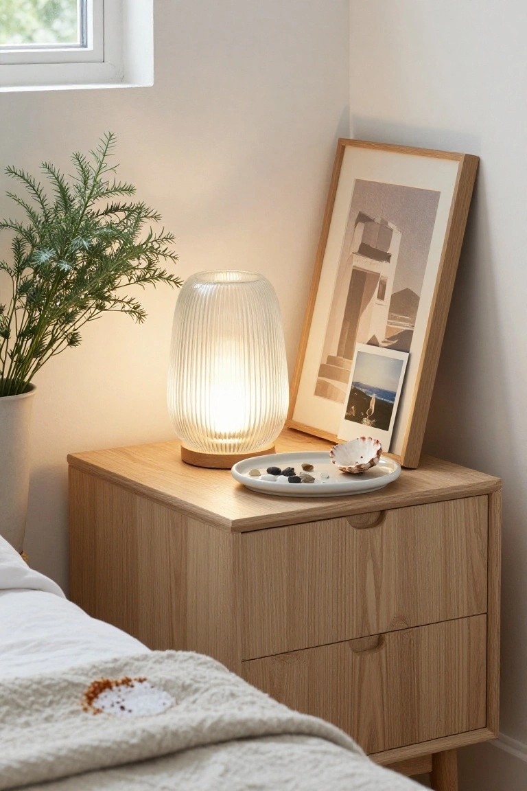 A wooden bedside table holding a lit ribbed glass lamp, a leaning framed print, a potted plant, and a white tray with small stones and a shell.