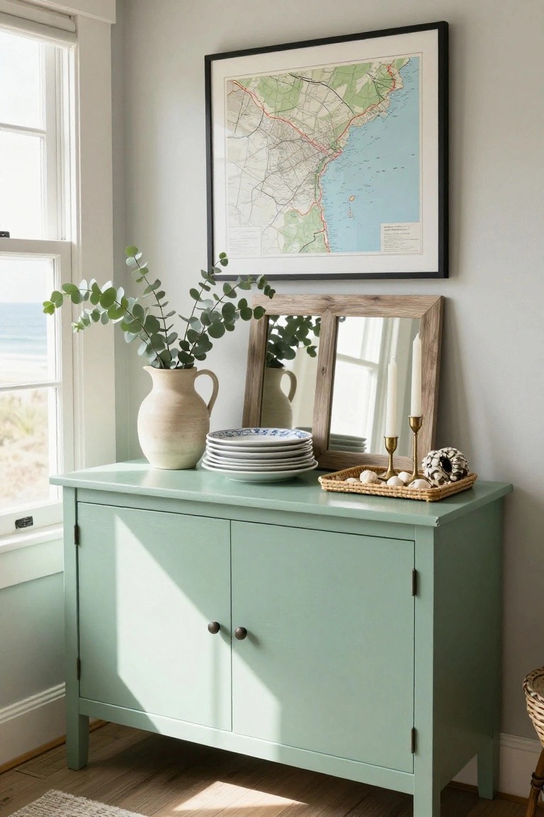 A mint green sideboard with stacked plates, a vase of eucalyptus, a wooden mirror, candles, and a basket of shells, topped by a large framed map on the wall.