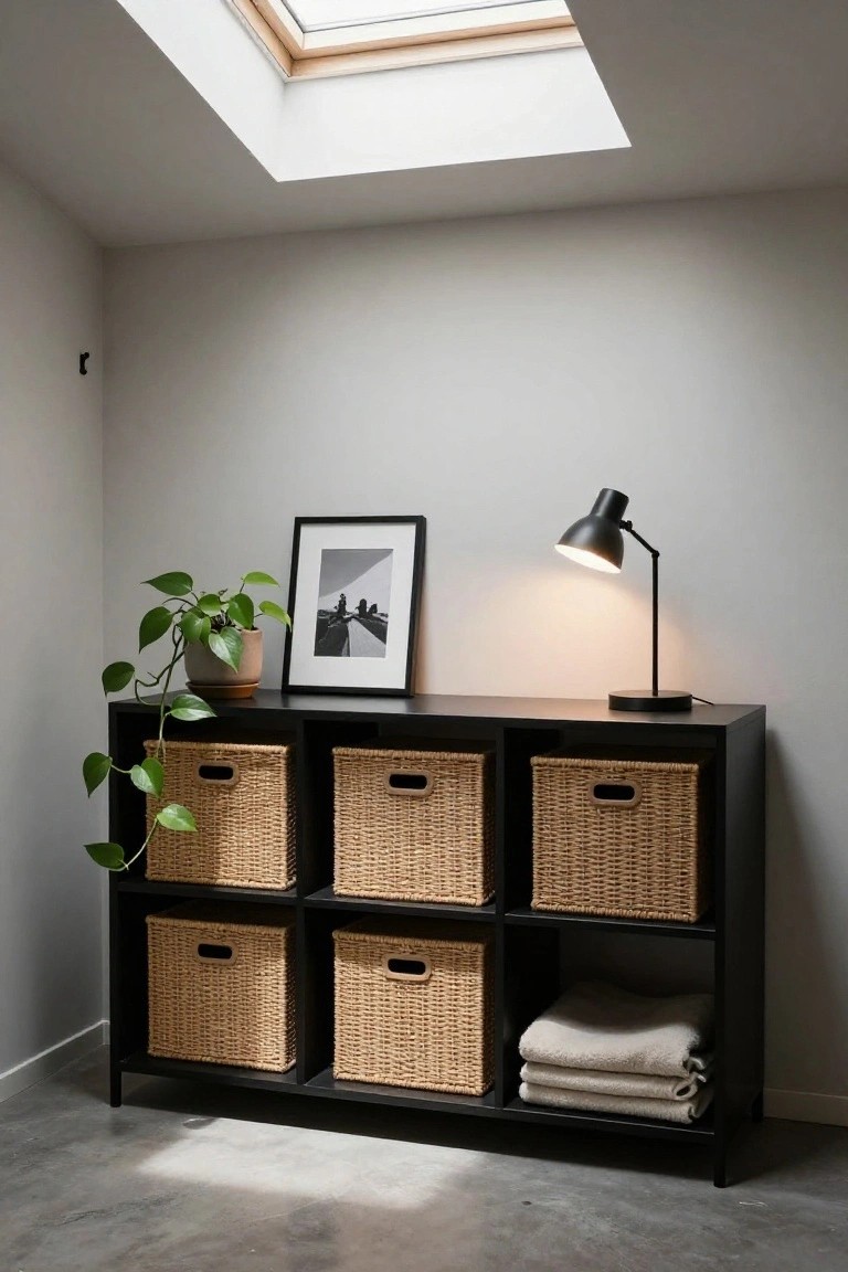 A black sideboard with woven baskets in five of its six compartments, a potted plant and framed art on top, and a black desk lamp to the right.