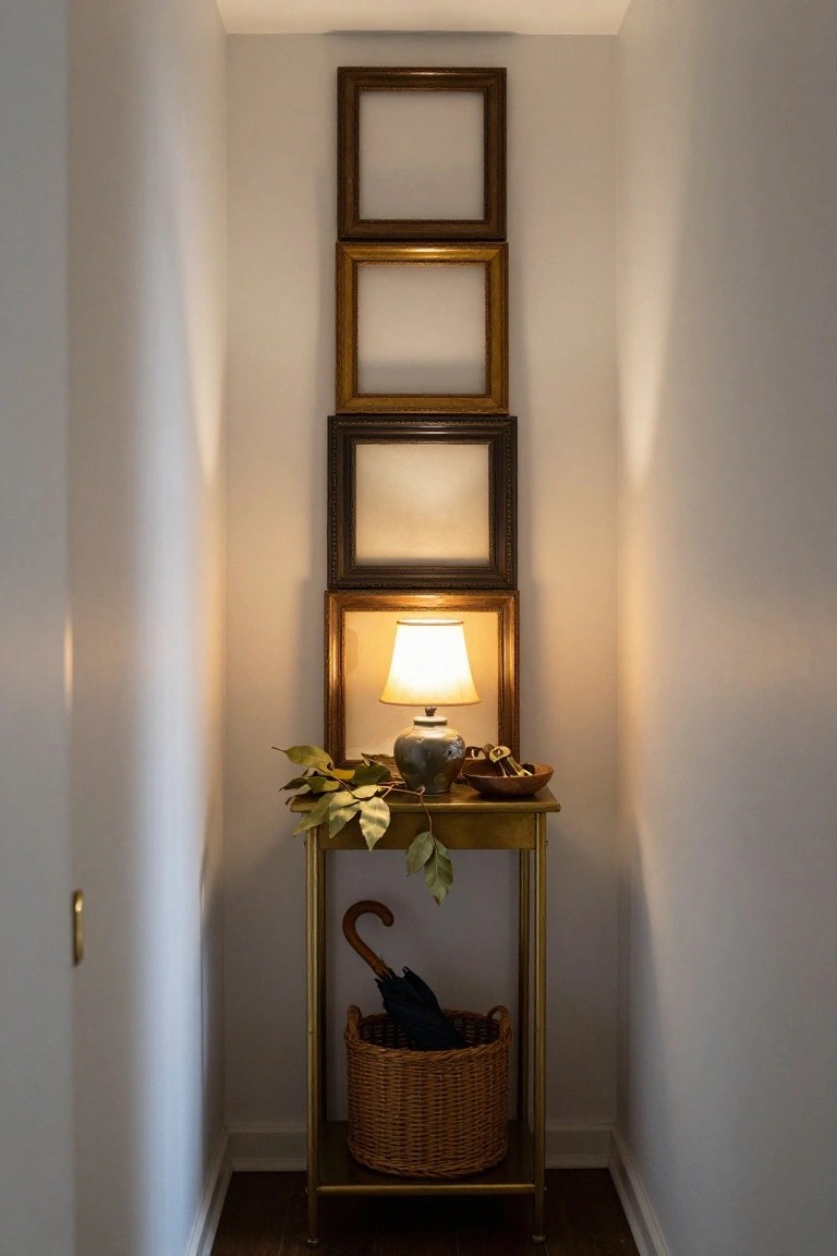 Narrow hallway with stacked empty frames above a brass console table.