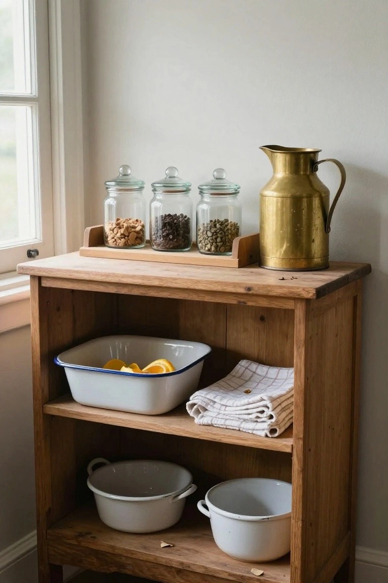 A rustic wooden sideboard with open shelves holding white enamel bowls, a tray of citrus slices, folded cloths, glass jars of nuts and grains, and a brass pitcher.