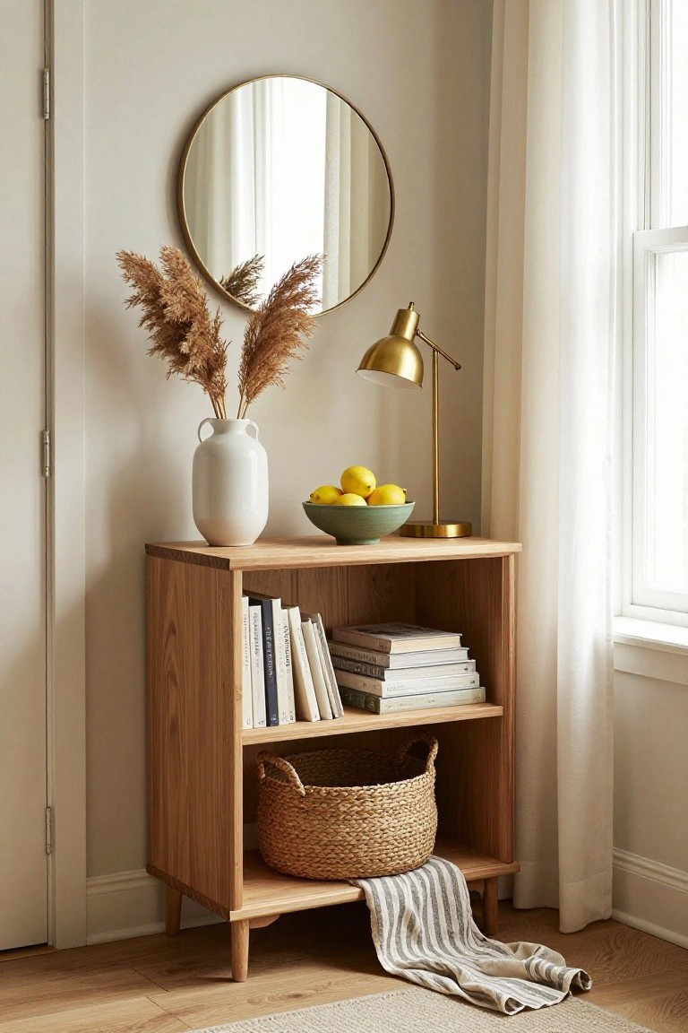 A light wood sideboard with open shelves holding stacks of books and a woven basket, topped with a white vase, green bowl, and brass lamp, and a round mirror hanging above.