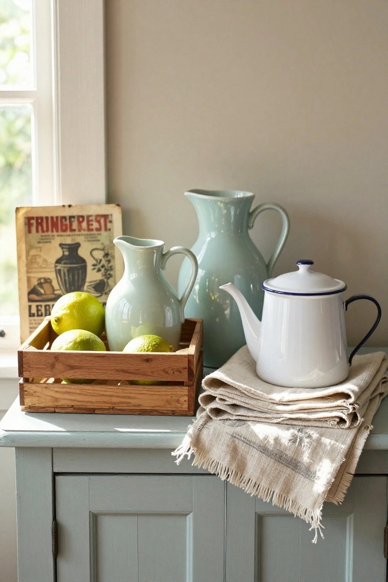A light blue sideboard holds a wooden crate with green limes and two ceramic pitchers, beside a white enamel teapot resting on folded beige linens.